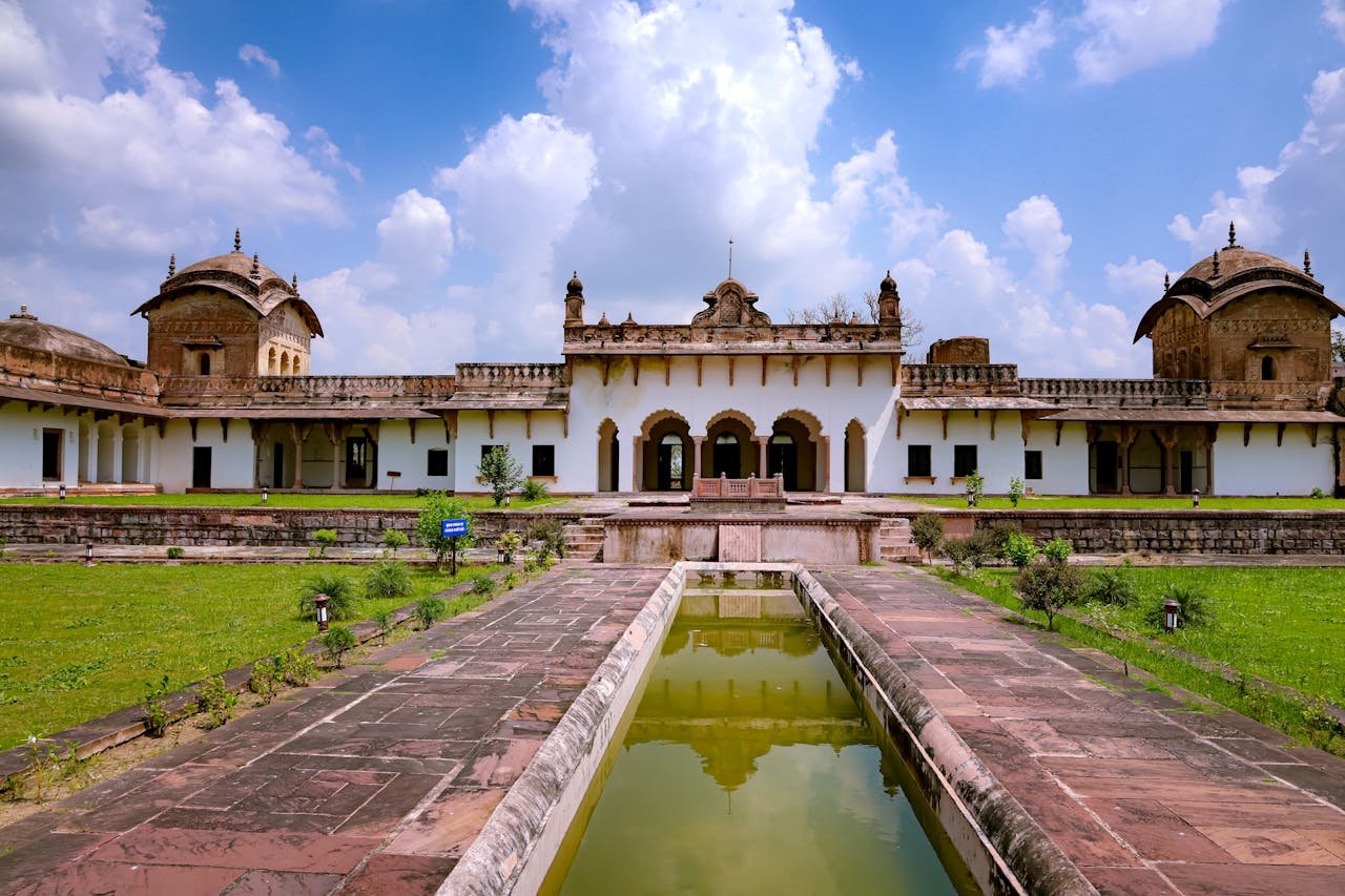 Stunning view of a historical building in Jagdishpur, MP, India under a bright blue sky.