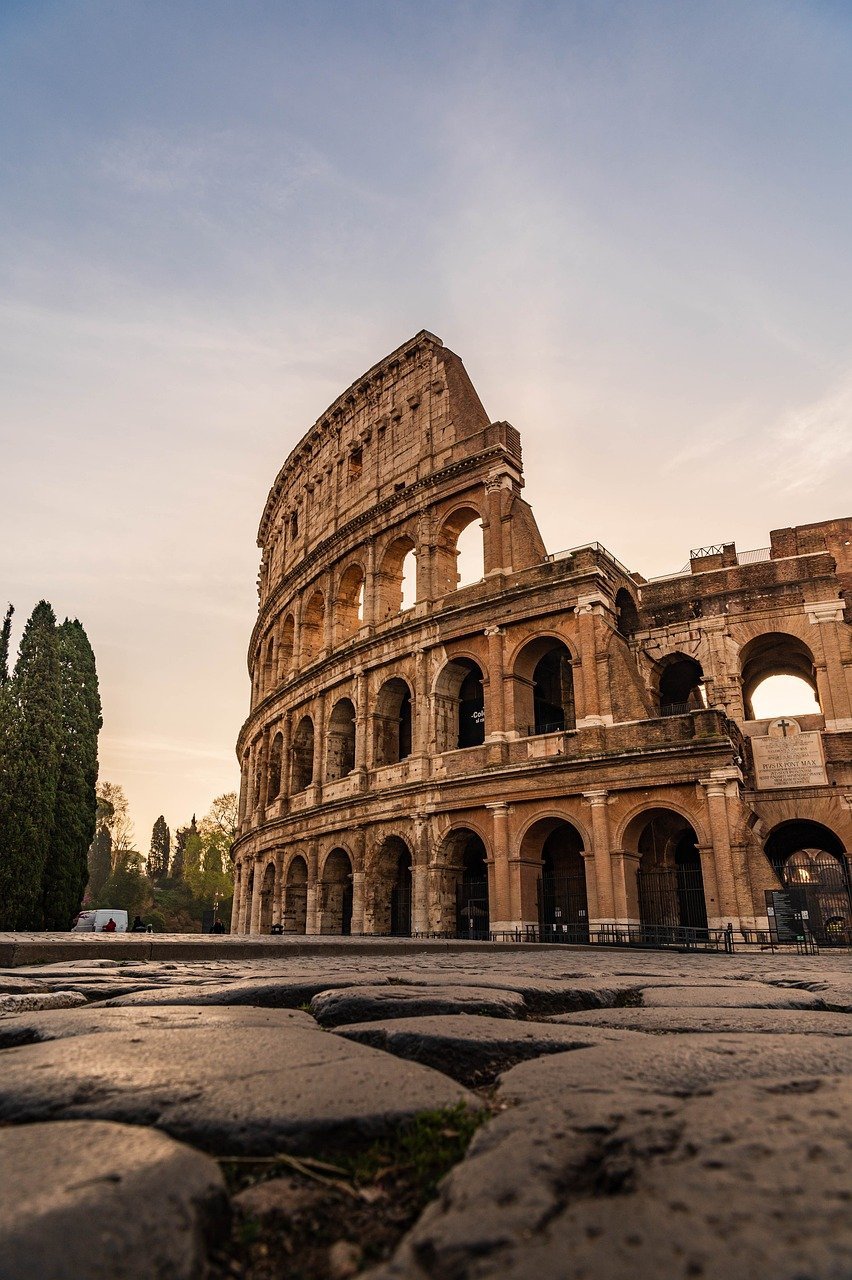 italy, rome, colosseum, sunset, ancient architecture, travel, roman arena, nature, tourists